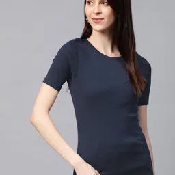 Marks  Spencer Women Navy Blue Solid Round Neck Pure Cotton T-shirt-image-72