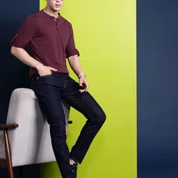 Hancock Men Henley Neck Roll-Up Sleeves Pure Cotton T-shirt-image-89