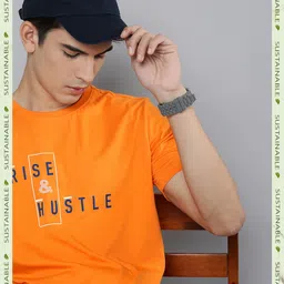 HERE&NOW Men Orange Typography Printed Pure Fairtrade cotton T-shirt-image-64