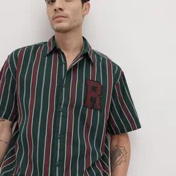 The Roadster Life Co. Vertical Stripes Applique Detail Pure Cotton Relaxed Fit Shirt-image-89
