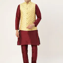 SOJANYA Men Maroon & Yellow Solid Kurta with Churidar & Nehru Jacket-picture-15
