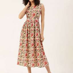 Maaesa Women Beige & Green Floral Printed A-Line Midi Dress-image-1