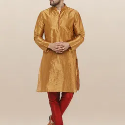 Enciger Men Brown Dupion Silk Solid Kurta with Churidar-image-56