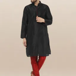 Enciger Men Black Dupion Silk Solid Kurta with Churidar-image-65