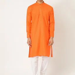 SOJANYA Men Orange & Off-White Solid Kurta with Churidar-image-38