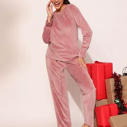 Clovia Pink Round Neck Long Sleeves Velour Night suit-image-57