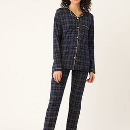 MBeautiful Women Navy Blue & Yellow Checked Night Suit-image-96