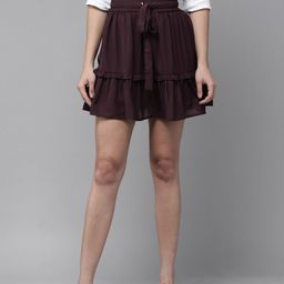 RARE Women Burgundy Solid Flounce Hem Mini A-Line Skirt-image-78