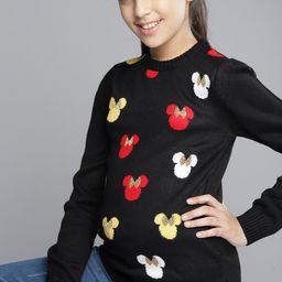 YK Girls Black & Yellow Minnie Mouse Woven Design Pullover-image-67