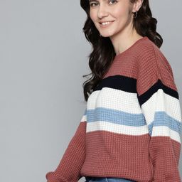 Mast & Harbour Women Dusty Pink & White Acrylic Self-Design Striped Pullover-image-34