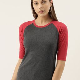 Campus Sutra Women Charcoal Grey & Red Solid Round Neck T-shirt-image-52