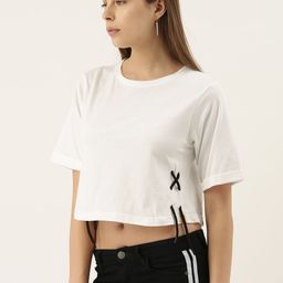 Campus Sutra Women White Solid Pure Cotton Round Neck Crop T-shirt with Lace-Up-image-33