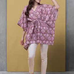 BAESD Floral Print Kimono Sleeves Longline Kaftan Top-image-4