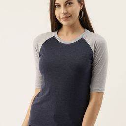 Campus Sutra Women Navy Blue & Grey Melange Solid Round Neck T-shirt-image-49