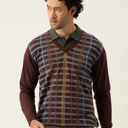 Monte Carlo Men Maroon Checked Printed Woollen Pullover-image-18