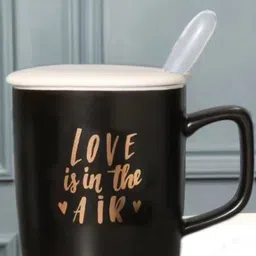 BonZeaL Black Printed Ceramic Matte Mug With Lid & Spoon-image-34