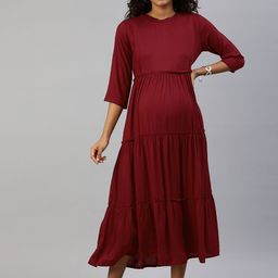 MomToBe Women Maroon Solid Maternity Nursing Maxi Sustainable Dress-image-46