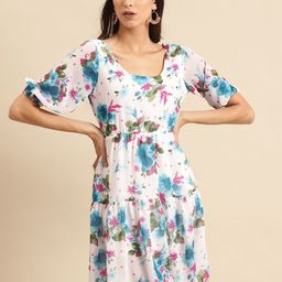 DODO & MOA Women White & Blue Printed Tiered A-Line Dress-image-79