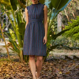 KASSUALLY Black & Teal Green Striped Fit and Flare Dress-3