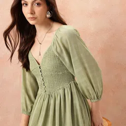all about you Self-Checked Smocked Fit & Flare Midi Dress-24