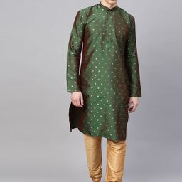 SOJANYA Men Green & Beige Self Design Kurta with Churidar-picture-15