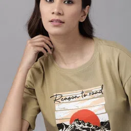 The Roadster Lifestyle Co Women Khaki & White Printed Cotton Round Neck T-shirt-image-37