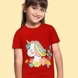 BRATMA Kids Red & White Unicorn Printed Cotton T-shirt-picture-31