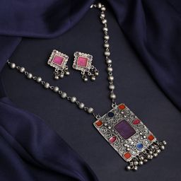 Anvik Silver -Plated Kundan-Studded & Beaded Jewellery Set-image-27