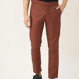 SOJANYA Men Rust Brown Smart Regular Fit Solid Trousers-picture-14