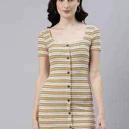 Campus Sutra Beige & Mustard Yellow Striped Bodycon Mini Dress-image-76