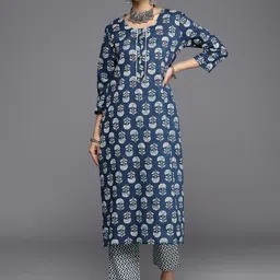 Varanga Women Blue Ethnic Motifs Printed Sequinned Pure Cotton Kurta with Trousers-picture-5