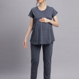 DZZO Women Pure Cotton Polka Dots Round Neck Night suit-image-6