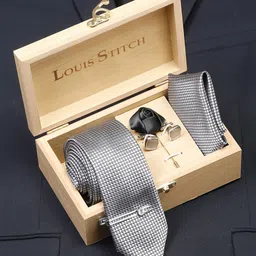 LOUIS STITCH Men Checked Silk Necktie Accessory Gift Set-image-26