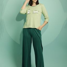 Clovia Green & Teal Graphic Printed Pure Cotton Night suit-32