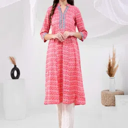 Aspriya Ethnic Motifs Block Printed Mandarin Collar Panelled Cotton A-Line Kurta-picture-13