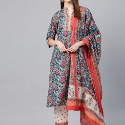 Yuris Women Blue & Red Pure Cotton Printed Kurta with Palazzos & Dupatta-17