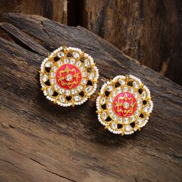 Zaveri Pearls Gold-Toned & Pink Circular Oversized Studs-12