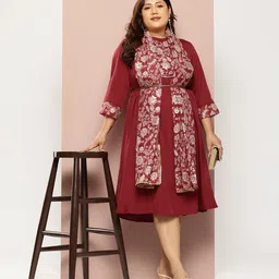 Sztori Plus Size Printed Ethnic A-Line Dress with Dupatta-picture-0