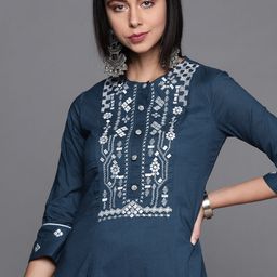 Biba Women Navy Blue & White Geometric Yoke Design Dyed Cotton Indigo Kurta-image-43