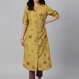 W Women Yellow Floral Printed Thread Work Pathani Kurta-picture-6