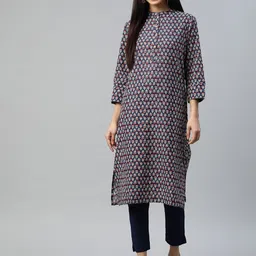 aayusika Women Navy Blue & White Ethnic Motifs Printed Floral Kurta-31