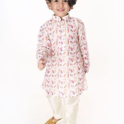 VASTRAMAY Infant Boys Floral Printed Mandarin Collar Cotton Silk Straight Kurta-image-33