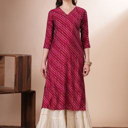 FASHOR Leheriya Printed V-Neck Sequinned Straight Kurta-image-93