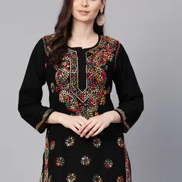 ADA Women Black & Pink Chikankari Hand Embroidered Pure Cotton Straight Sustainable Sustainable Handloom Kurti-picture-50