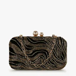 Anekaant Women Black & Gold-Toned Embellished Box Clutch-picture-1