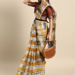 Sangria Mustard Yellow & White Pure Linen Tie & Dyed Saree-picture-47