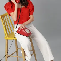 Kassually Red Solid Puff Sleeves Regular Crop Top image 2