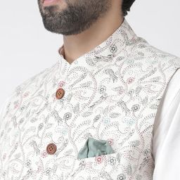 KISAH Men Cream-Coloured & Red Printed Pure Cotton Nehru Jacket image 3