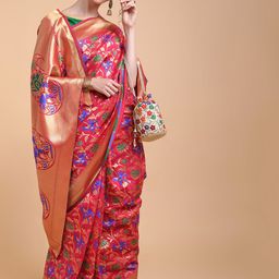 Sangria Red & Blue Floral Zari Silk Blend Banarasi Saree-picture-17