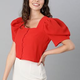 Kassually Red Solid Puff Sleeves Regular Crop Top image 4
